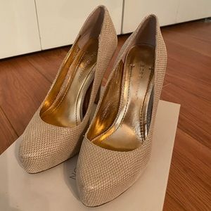 BCBG Tan Snake Pattern Platform Heels